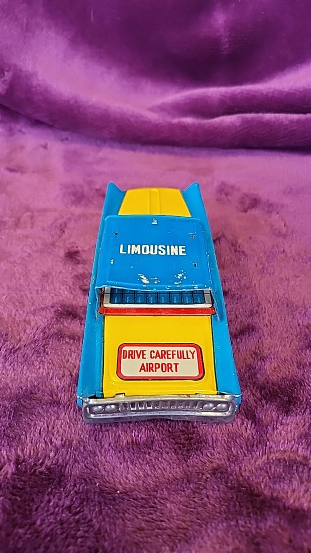 Tin Litho Airport Limousine Toy Car Blue Yellow And Black Police Toy Car - 4