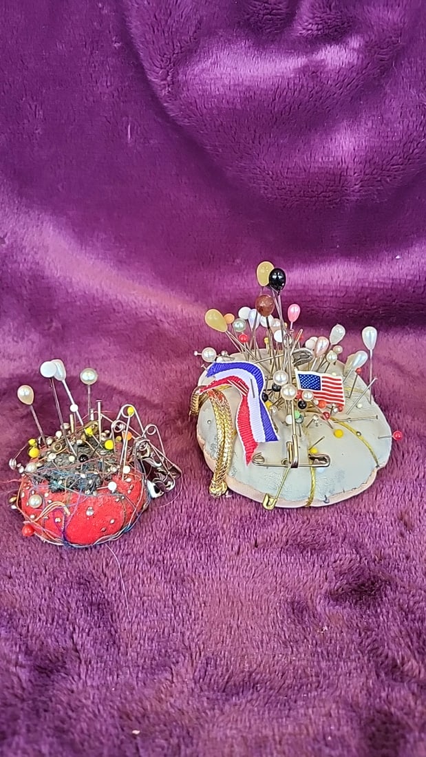 Japanese Cloth Doll Pincushions Lot With Clear High Heel Pin Holder And Buttons - 7