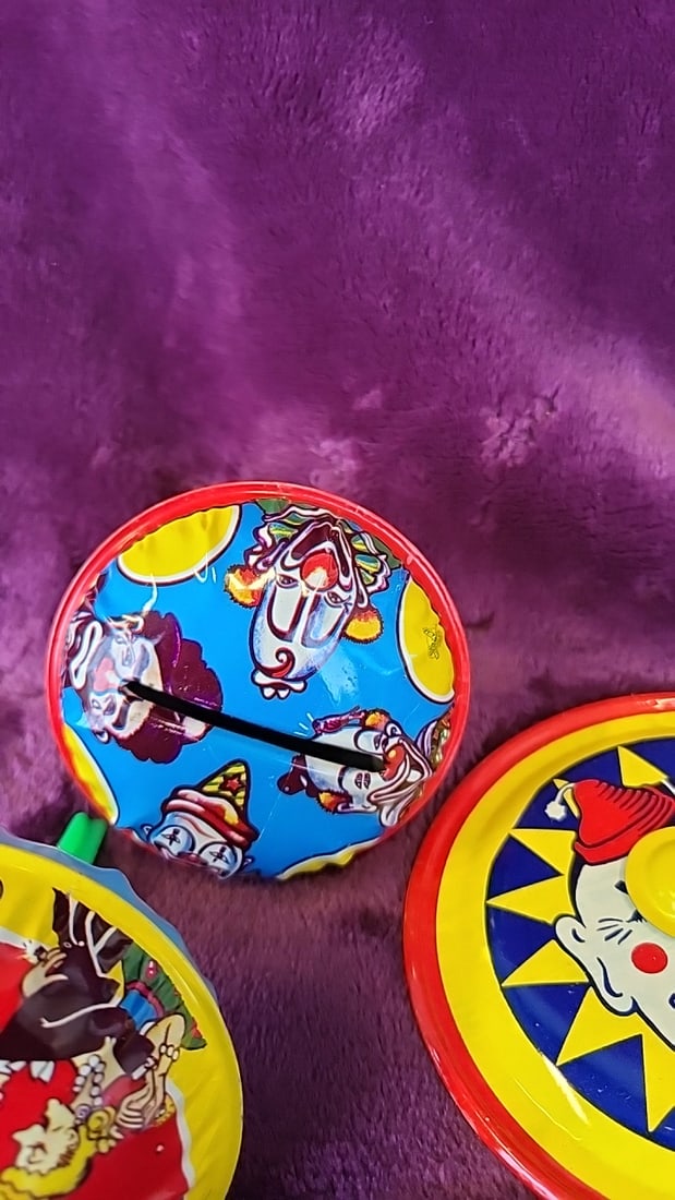 Vintage Kirchhof Life Of The Party Tin Litho Party Noisemakers Lot Clown Circus Tambourine Clickers - 5