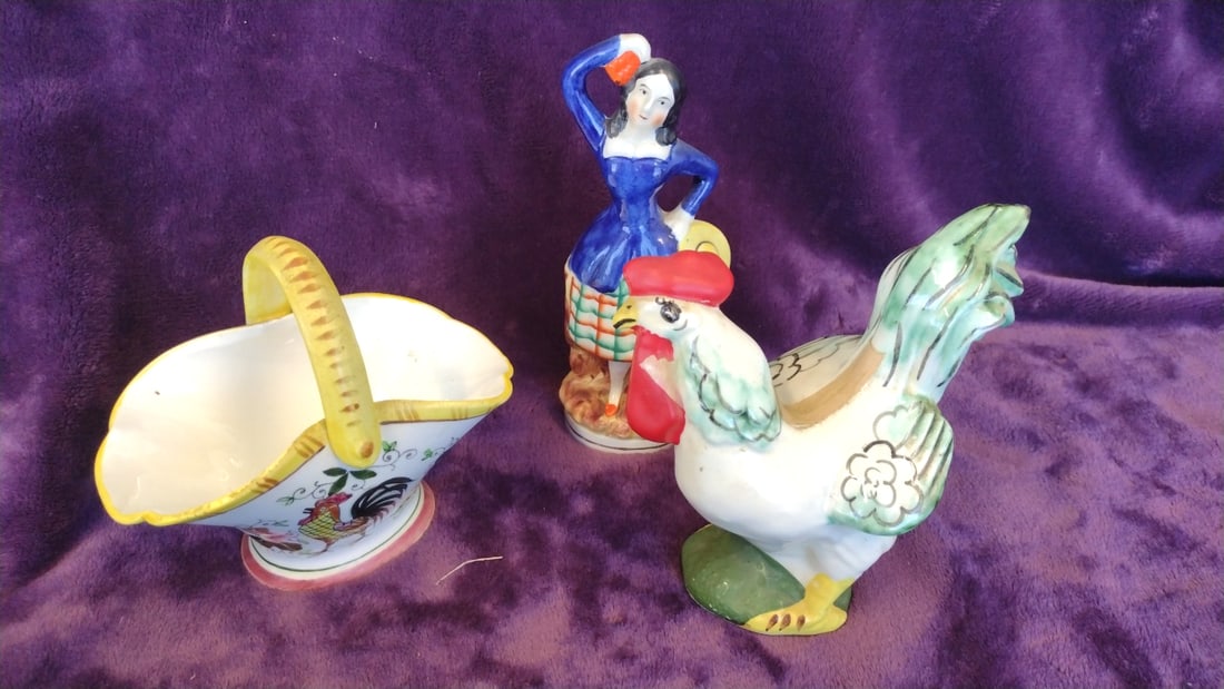 Early Provincial Underglaze Hand Painted Japan Ceramic Basket, Rooster & Woman Figurines: 12 x 6 x 5 1. 5 lb Low Estimate: 15.00 High Estimate: 65.00