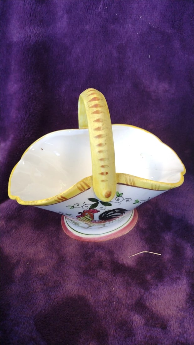 Early Provincial Underglaze Hand Painted Japan Ceramic Basket, Rooster & Woman Figurines - 2