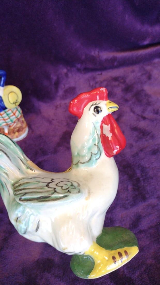 Early Provincial Underglaze Hand Painted Japan Ceramic Basket, Rooster & Woman Figurines - 4