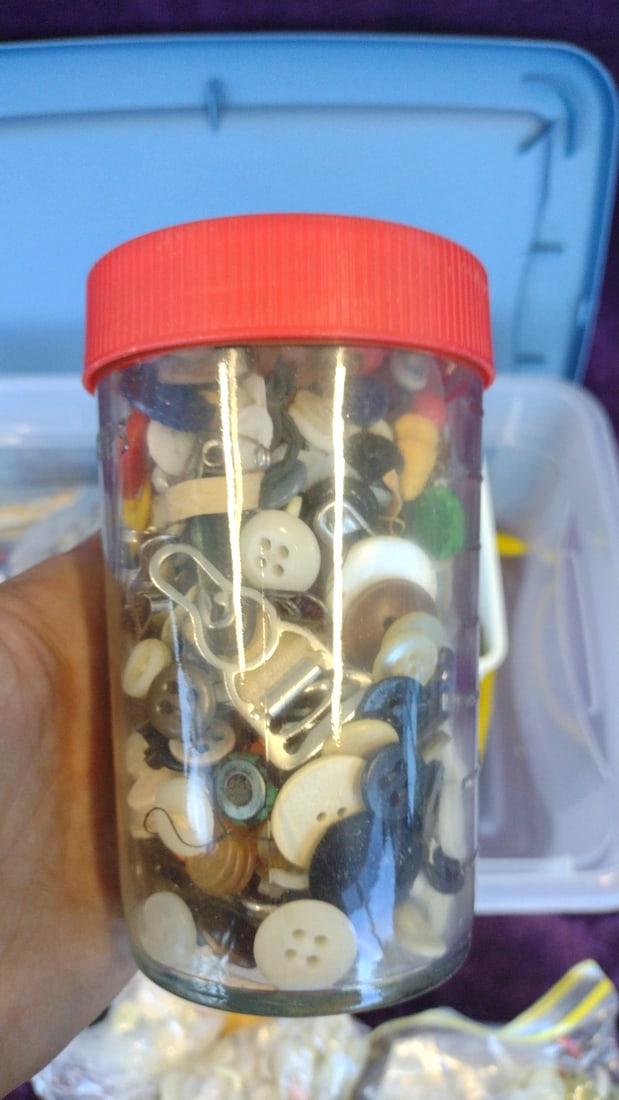 Assorted Notions Sewing Buttons, Jars Bags - 7