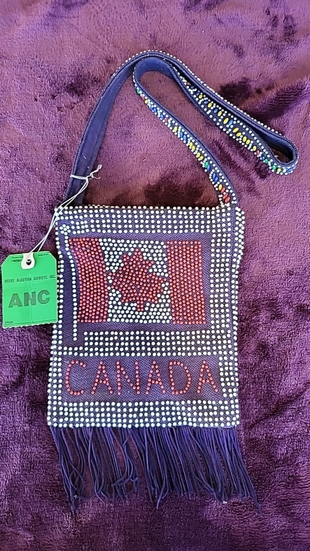 Canada Flag Beaded Fringe Shoulder Bag With Reeve Aleutian Airways Anc Tag And Handpainted Flask - 2