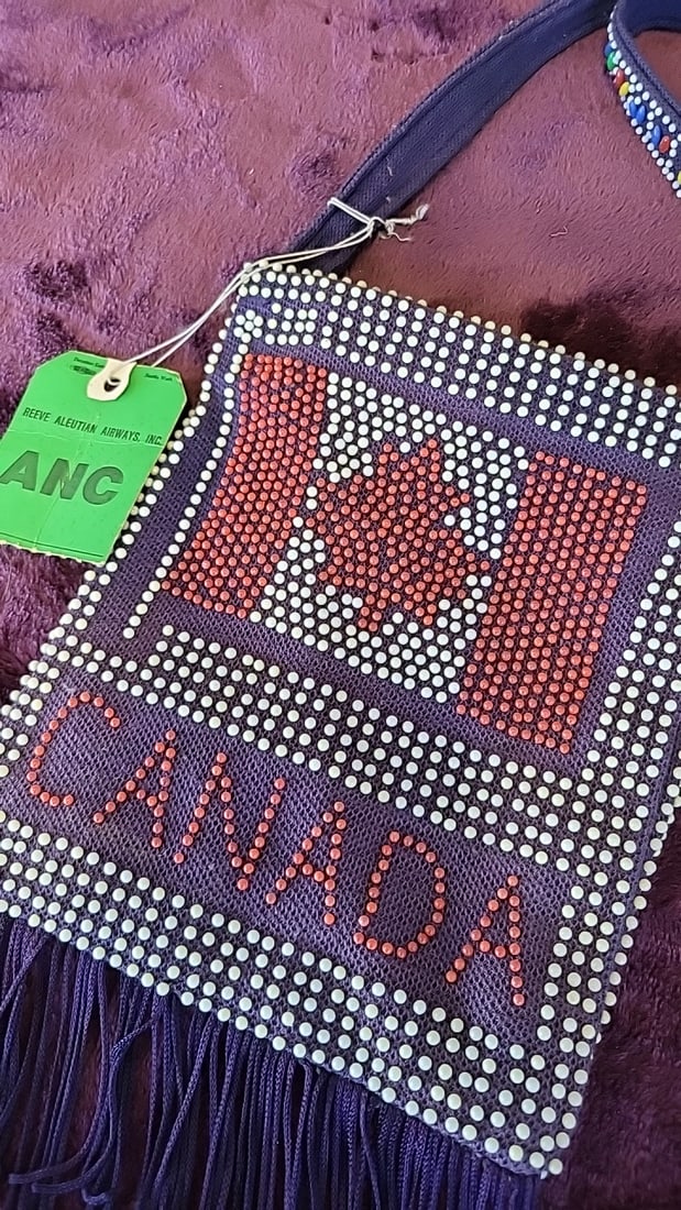 Canada Flag Beaded Fringe Shoulder Bag With Reeve Aleutian Airways Anc Tag And Handpainted Flask - 3