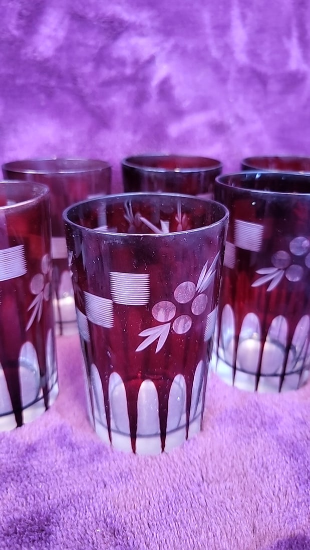 Ruby Red Glasses With Frosted Floral Stripe Design, Set Of 6 - 2