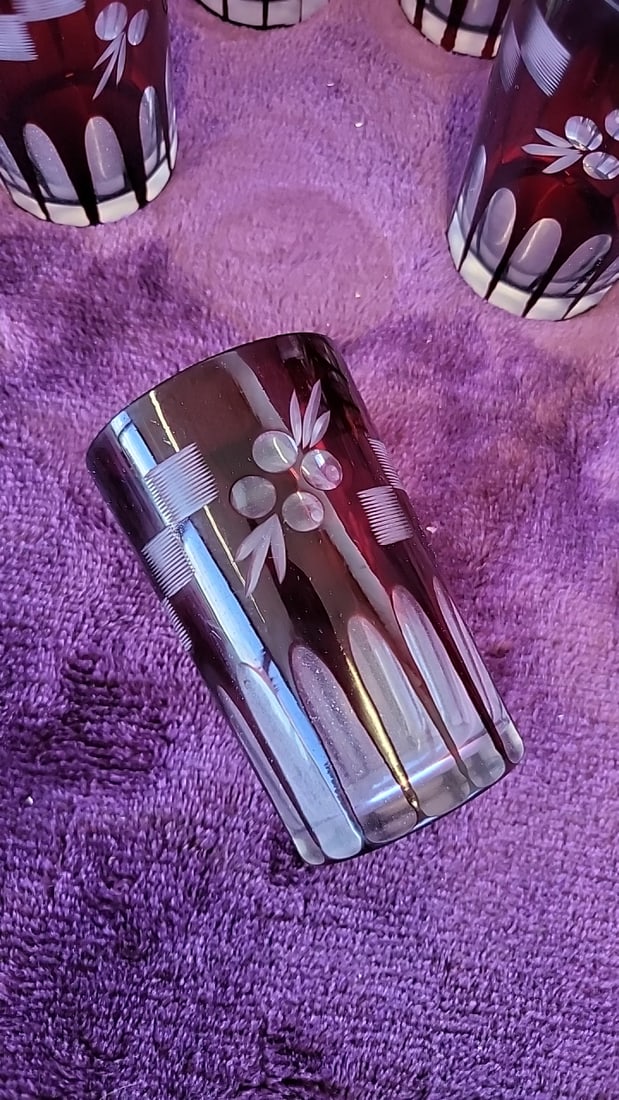 Ruby Red Glasses With Frosted Floral Stripe Design, Set Of 6 - 3