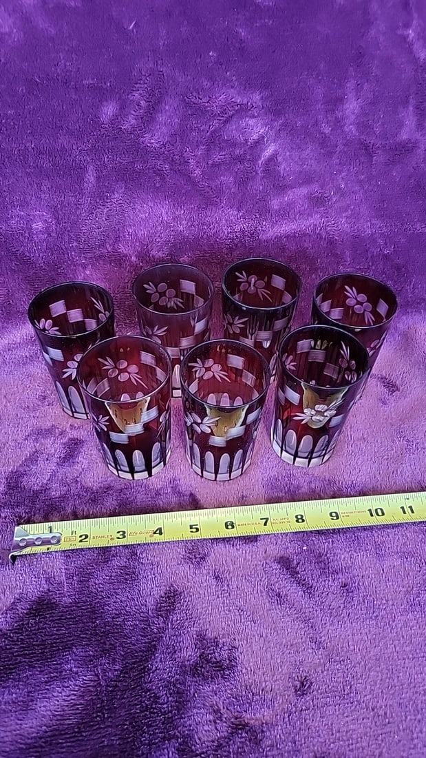 Ruby Red Glasses With Frosted Floral Stripe Design, Set Of 6 - 6