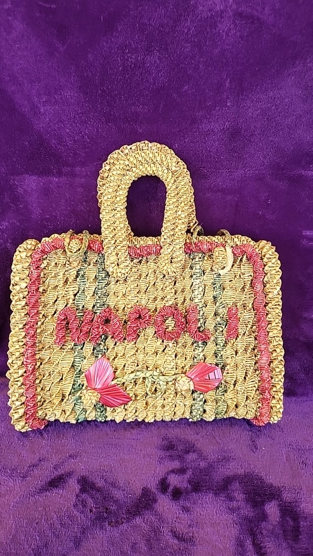Napoli Woven Straw Raffia Handbag Tote With Pink Trim And Shell Accents And Handknit Pink Green S... - 2