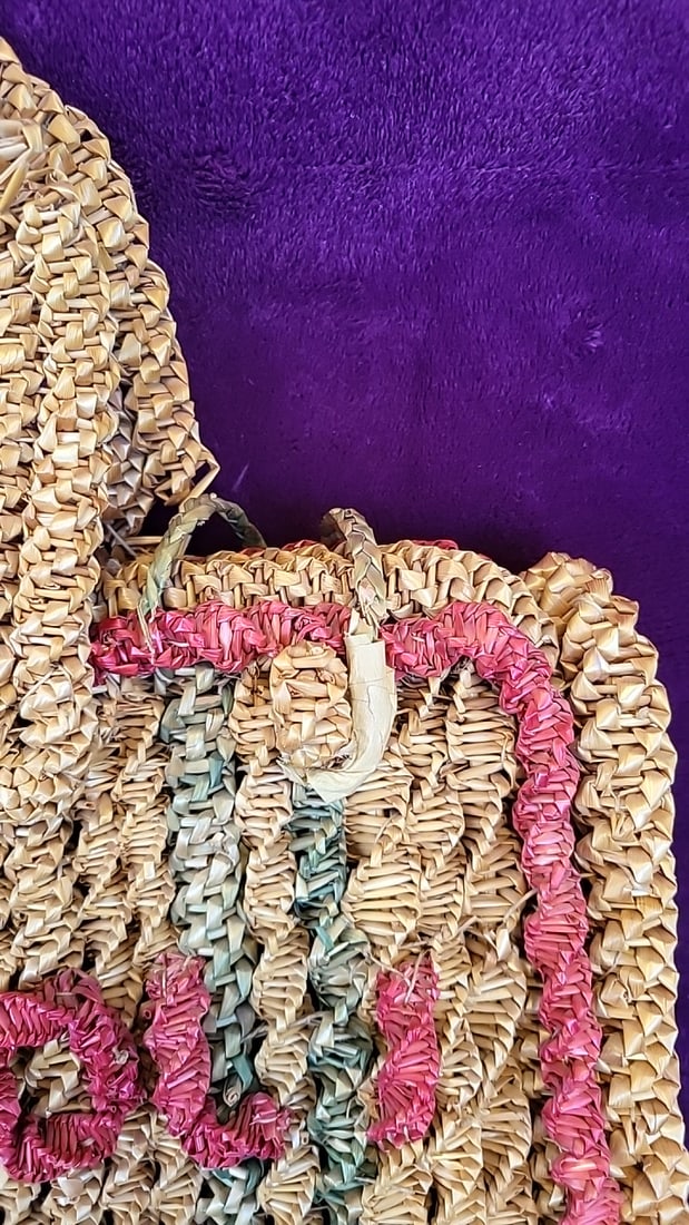 Napoli Woven Straw Raffia Handbag Tote With Pink Trim And Shell Accents And Handknit Pink Green S... - 3