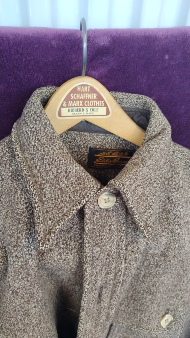 Eddie Bauer Wool Tweed Shirt Jacket Brown Gray Button Front Elbow Patches Made In Usa - 2