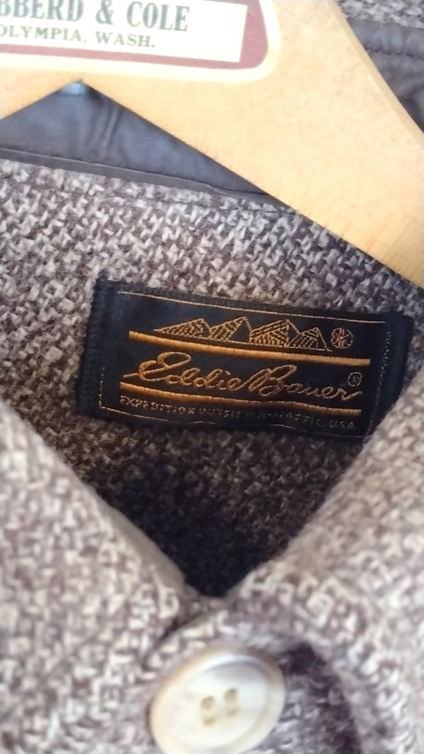 Eddie Bauer Wool Tweed Shirt Jacket Brown Gray Button Front Elbow Patches Made In Usa - 3