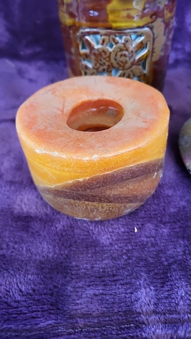 Lot Of 3 Decorative Candle Holders Amber Floral Cutout Orange Donut Speckled Pedestal - 2