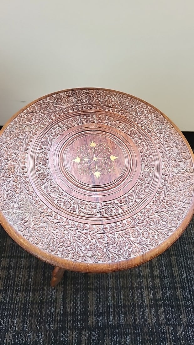 Pair Of Round Carved Wood Folding Side Tables With Floral Tops And Tripod Bases - 2