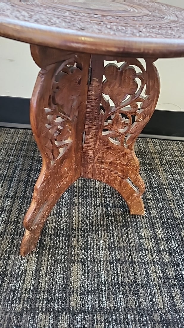 Pair Of Round Carved Wood Folding Side Tables With Floral Tops And Tripod Bases - 3