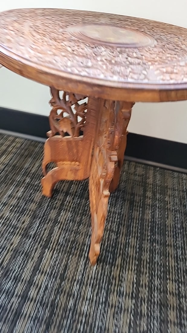 Pair Of Round Carved Wood Folding Side Tables With Floral Tops And Tripod Bases - 4