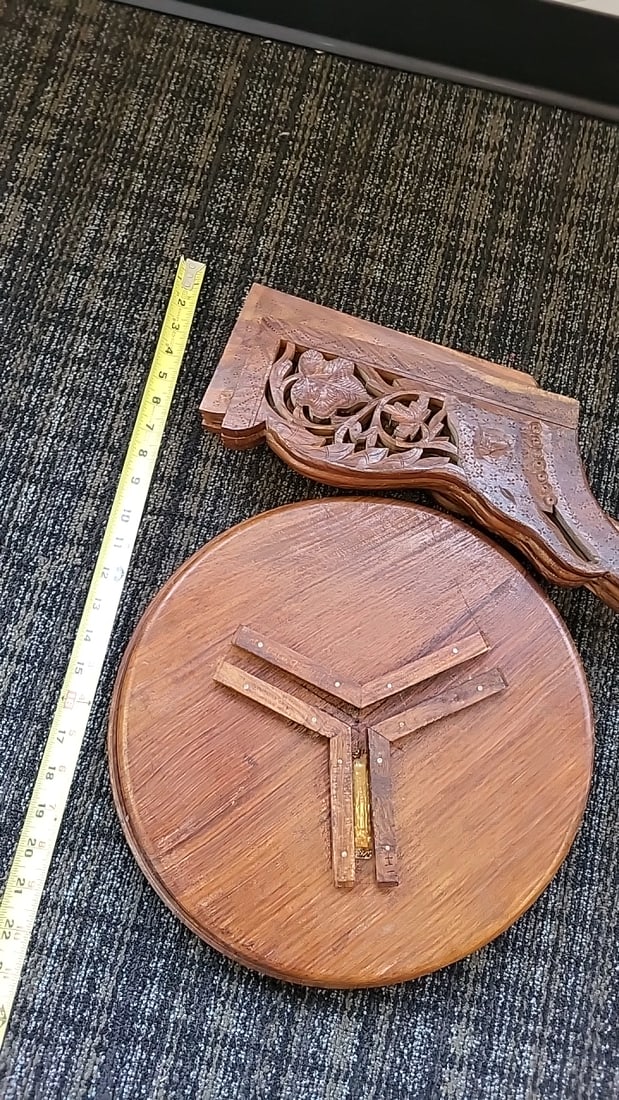 Pair Of Round Carved Wood Folding Side Tables With Floral Tops And Tripod Bases - 5