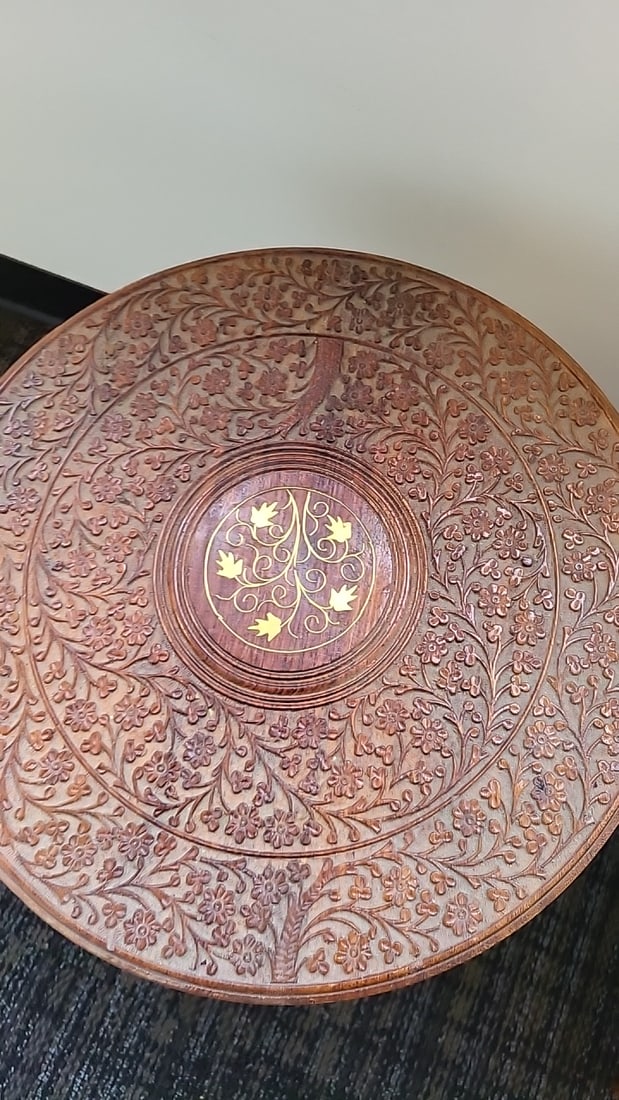 Pair Of Round Carved Wood Folding Side Tables With Floral Tops And Tripod Bases - 8