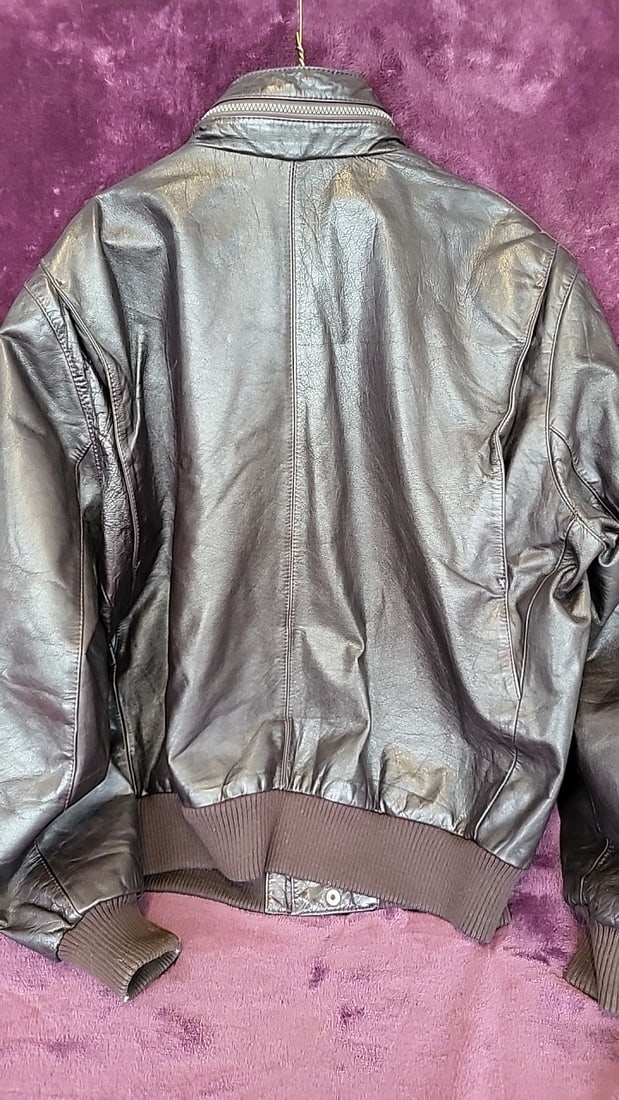 Members Only By Europe Craft Genuine Leather Bomber Jacket Brown Size 42 - 7