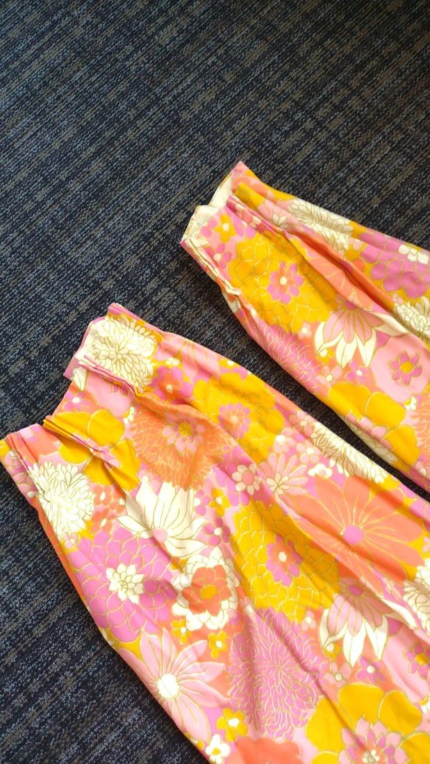 Pair Lined Pinch Pleat Drapery Curtain Panels Pink Orange Yellow Floral - 2