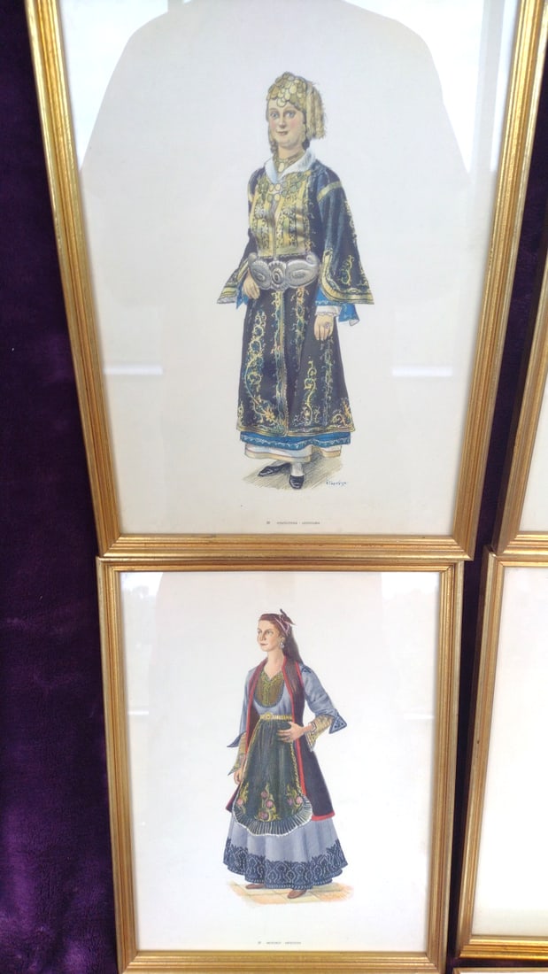 Set Of 7 Framed Greek Traditional Costume Prints By A. Tassos, Gold Frames - 2