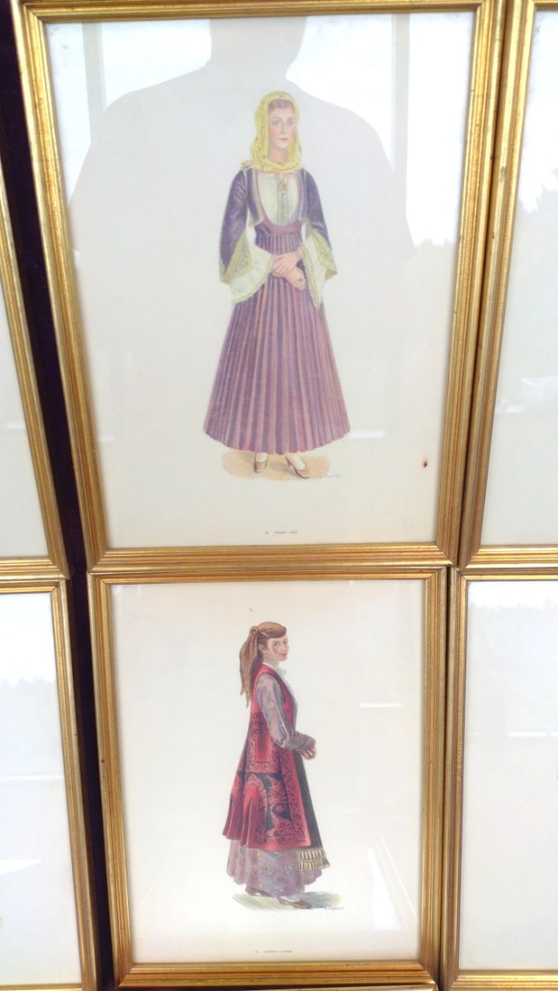 Set Of 7 Framed Greek Traditional Costume Prints By A. Tassos, Gold Frames - 4