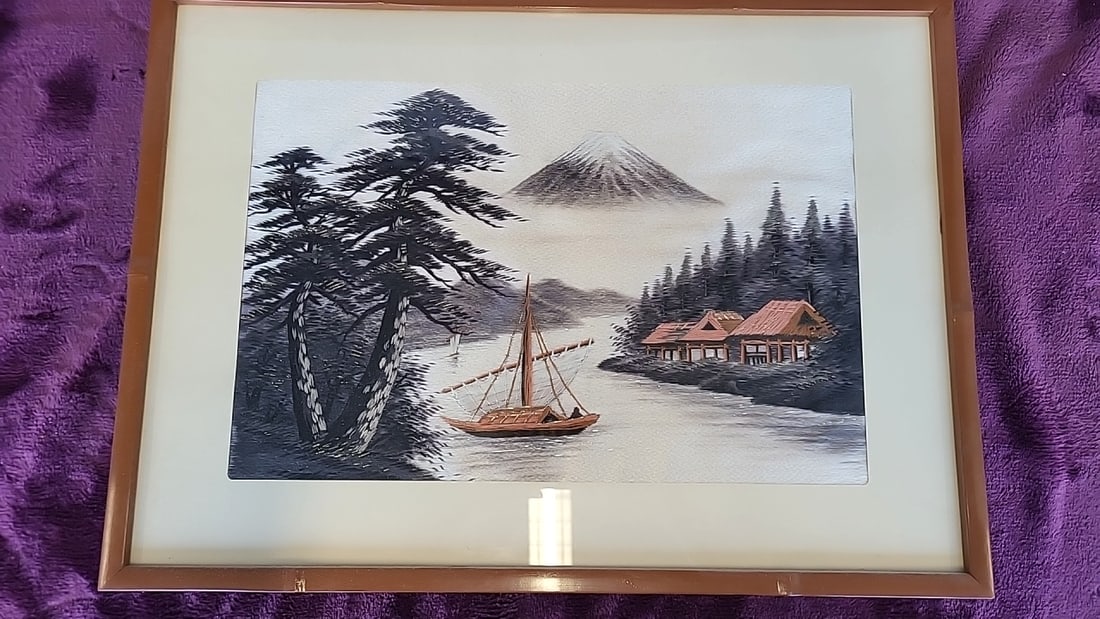 Art Lot Of 3 Signed Framed Japanese Silk Embroidery Landscape With Mount Fuji, Sailboat Village, ... - 2