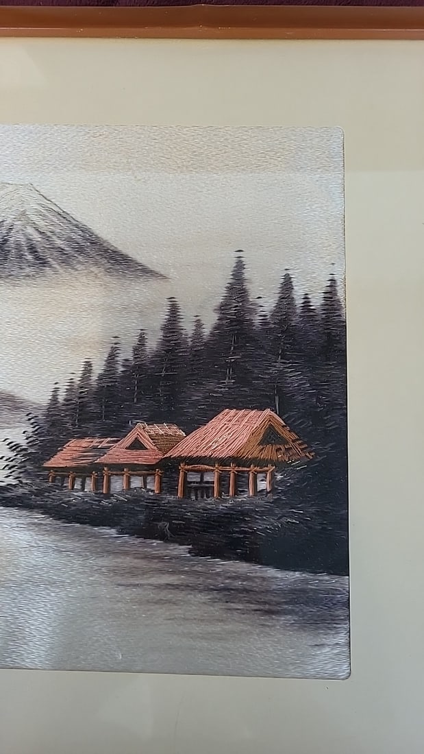 Art Lot Of 3 Signed Framed Japanese Silk Embroidery Landscape With Mount Fuji, Sailboat Village, ... - 4