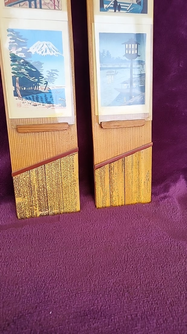 Pair Japanese-style Wood Wall Hanging Panels With Scenic Prints Signed Wa Hambelton - 2