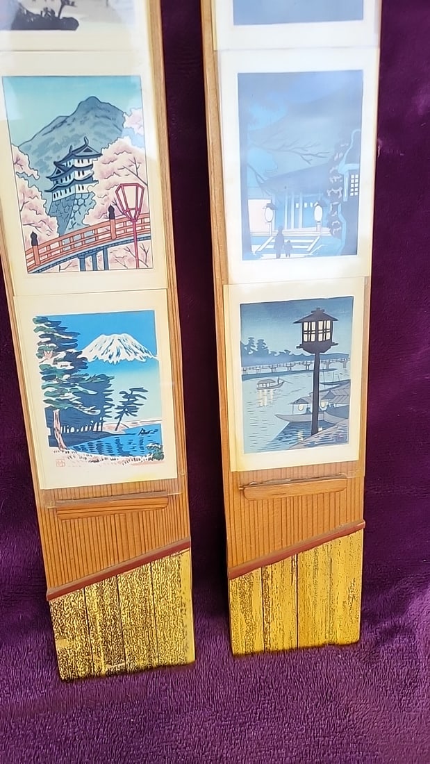 Pair Japanese-style Wood Wall Hanging Panels With Scenic Prints Signed Wa Hambelton - 3