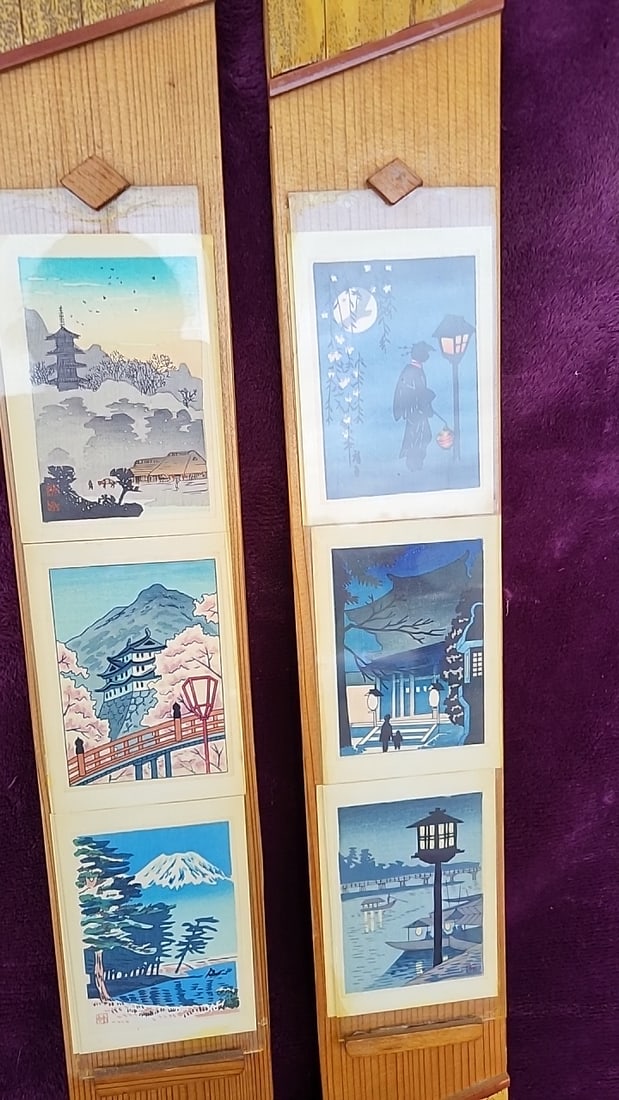 Pair Japanese-style Wood Wall Hanging Panels With Scenic Prints Signed Wa Hambelton - 4