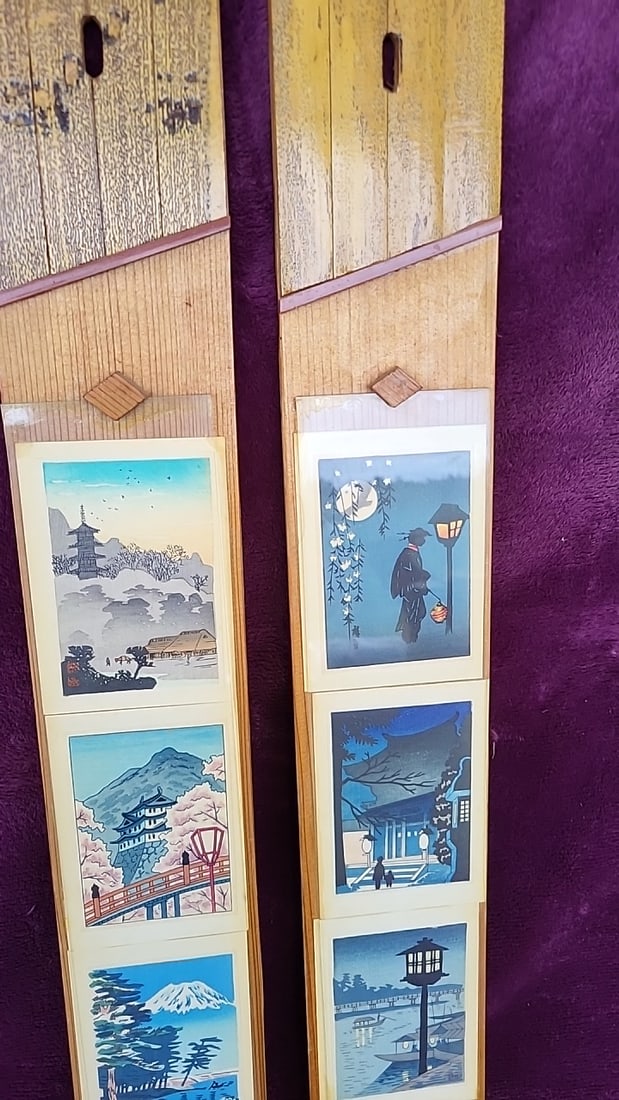 Pair Japanese-style Wood Wall Hanging Panels With Scenic Prints Signed Wa Hambelton - 5
