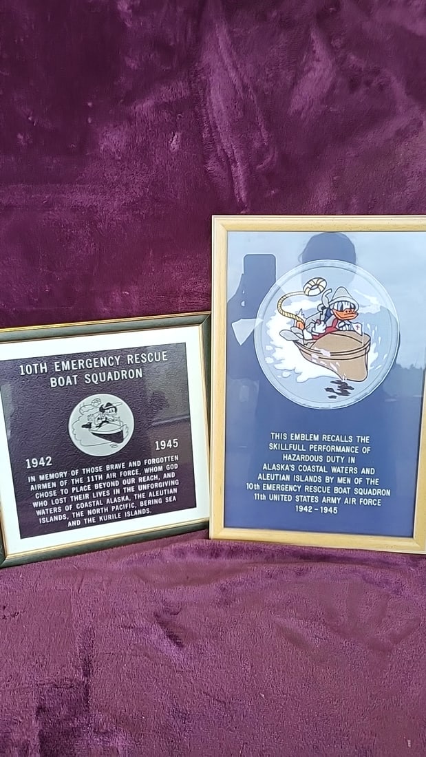 Lot Of 2 Framed Donald Duck 10th Emergency Rescue Boat Squadron 11th Usaaf Emblem 1942-1945: 13x19x2 5lb Low Estimate: 25.00 High Estimate: 250.00