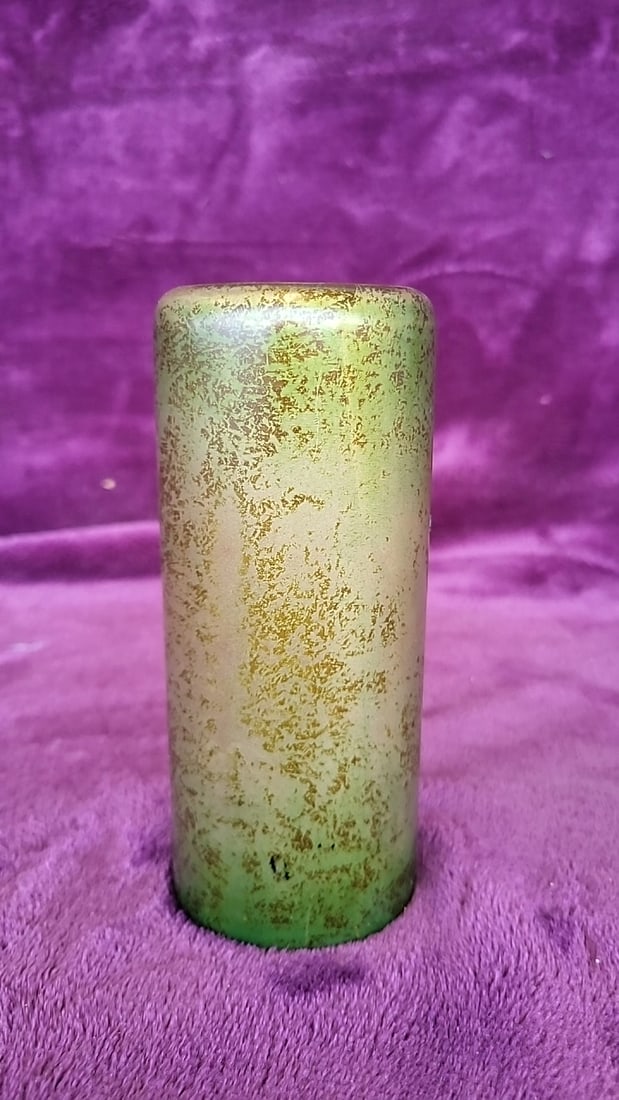 Cylindrical Brass And Sterling Silcer Vase With Palm Tree Motif, Green Gold Patina - 2