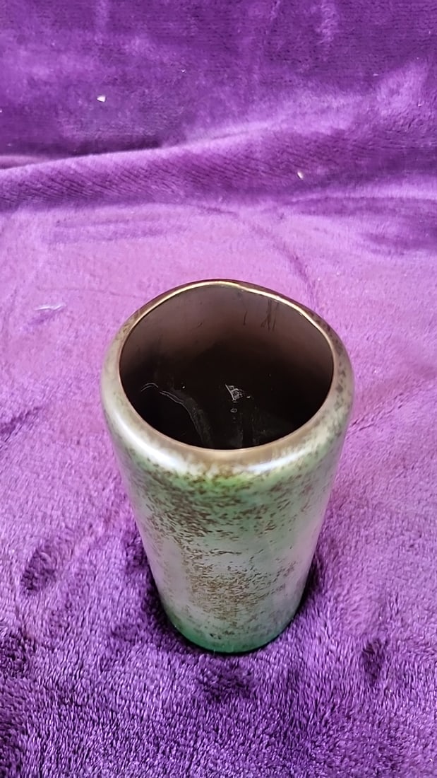 Cylindrical Brass And Sterling Silcer Vase With Palm Tree Motif, Green Gold Patina - 3