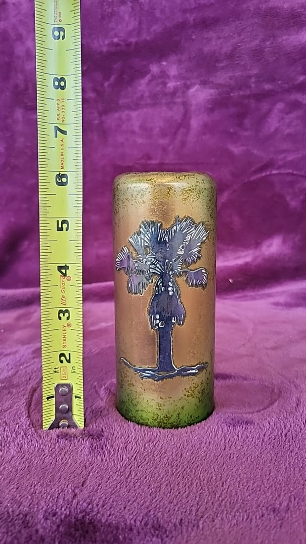 Cylindrical Brass And Sterling Silcer Vase With Palm Tree Motif, Green Gold Patina - 5