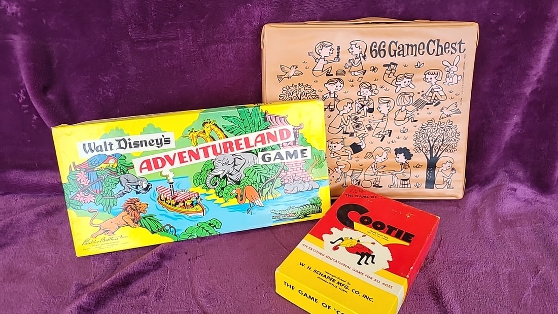 Board Game Lot Tucket 66 Game Chest, Parker Brothers Wakt Disney Adventureland, Schaper Cootie: 16x12x6 3lb Low Estimate: 25.00 High Estimate: 135.00