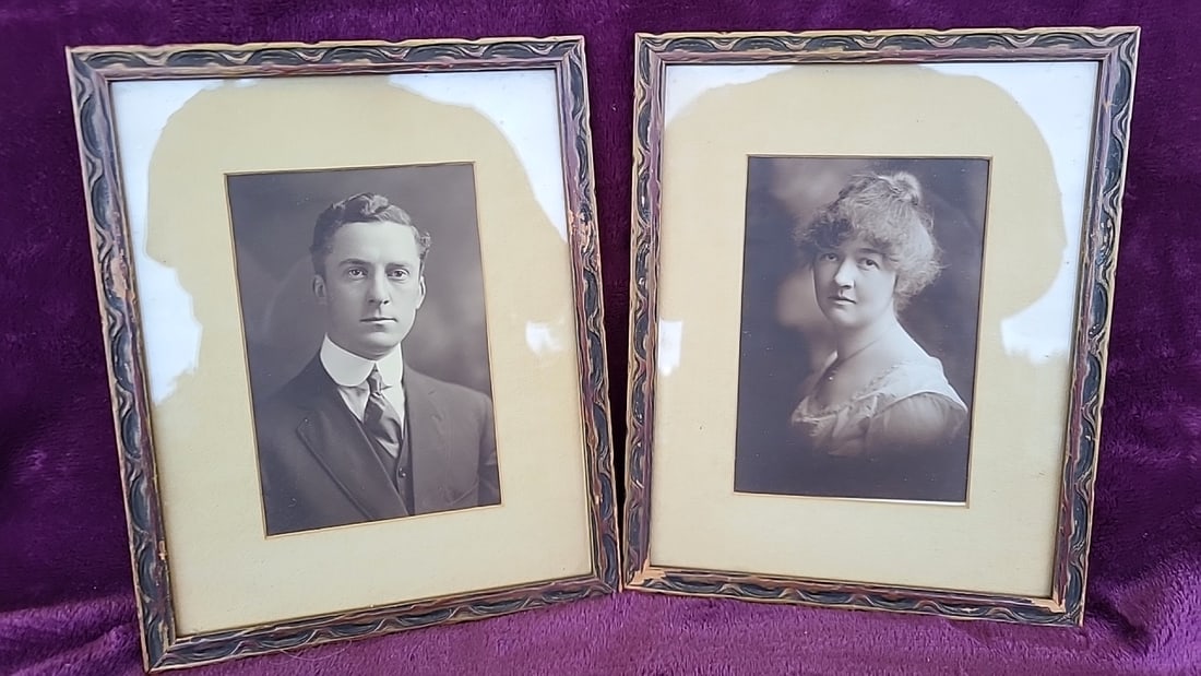 Pair Of Framed Black-and-white Portrait Photographs, Man And Woman, Ornate Wood Frames, Dated: 8x10x1 1lb Low Estimate: 25.00 High Estimate: 150.00