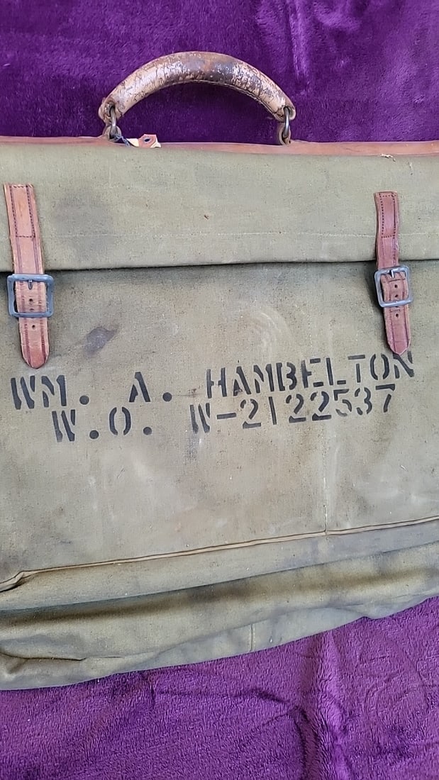 Canvas Military Garment Suitcase With Leather Straps, Stenciled Wm. A. Hambelton - 2