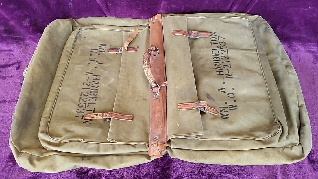 Canvas Military Garment Suitcase With Leather Straps, Stenciled Wm. A. Hambelton - 4