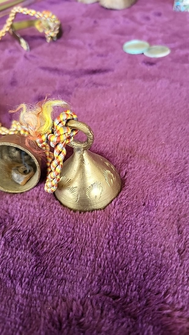 Assorted Souvenir Lot Folding Parasol, Brass Bells, Wood Plaque, Mini Picture Frame, Coins - 4