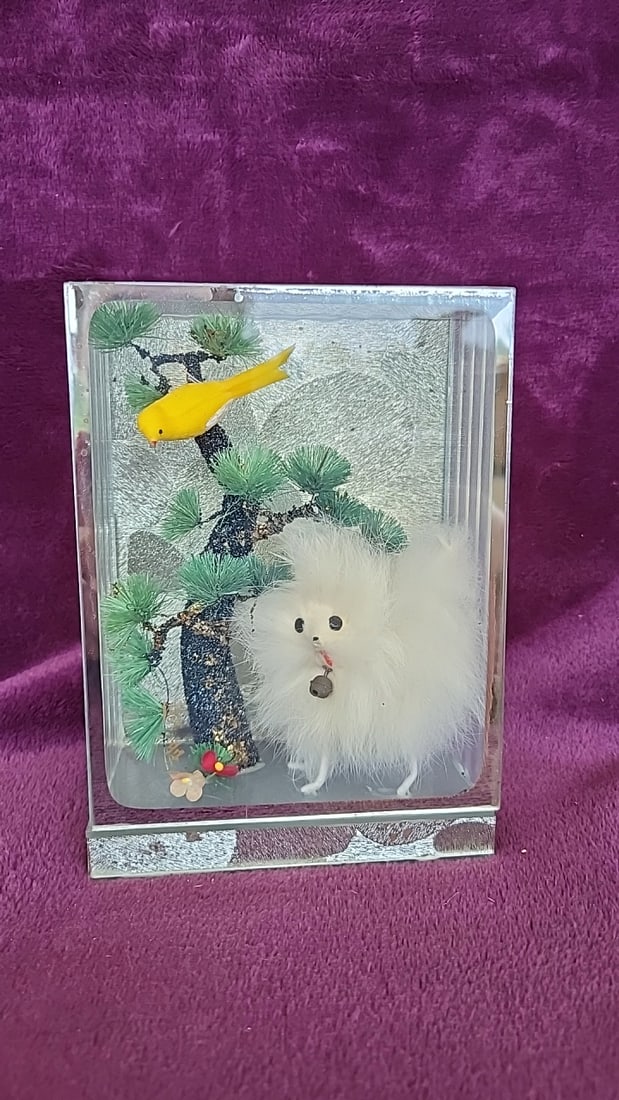 Glass Display Diorama With White Fuzzy Dog, Yellow Bird And Bonsai Tree: 5x7x3 1lb Low Estimate: 8.00 High Estimate: 35.00
