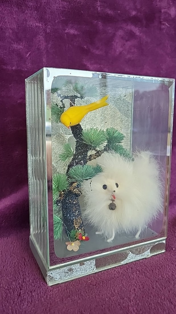 Glass Display Diorama With White Fuzzy Dog, Yellow Bird And Bonsai Tree - 2