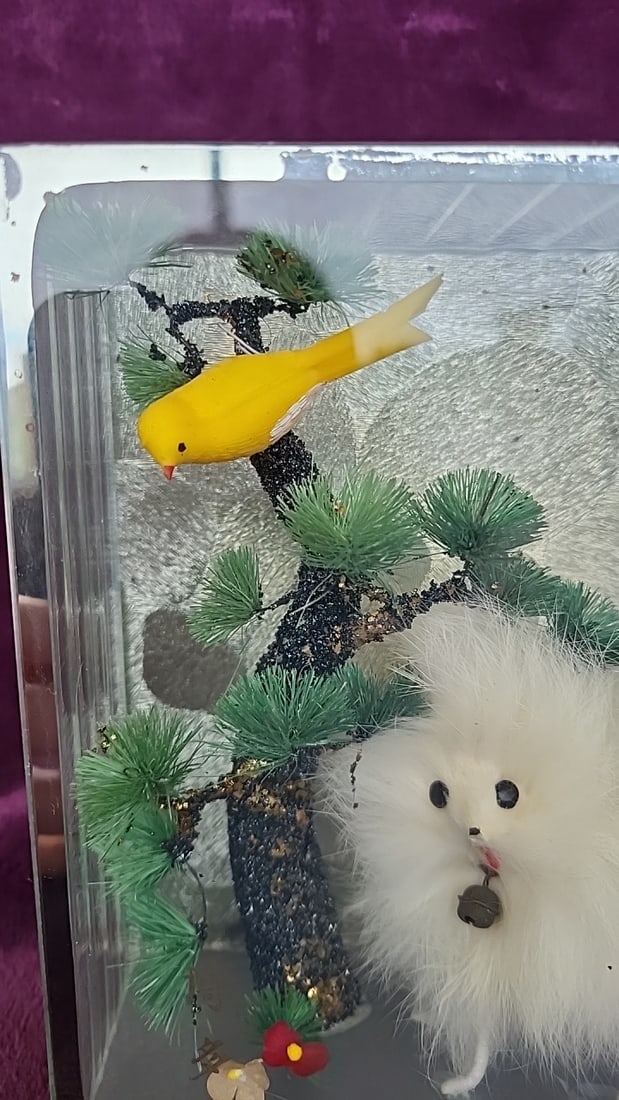 Glass Display Diorama With White Fuzzy Dog, Yellow Bird And Bonsai Tree - 3
