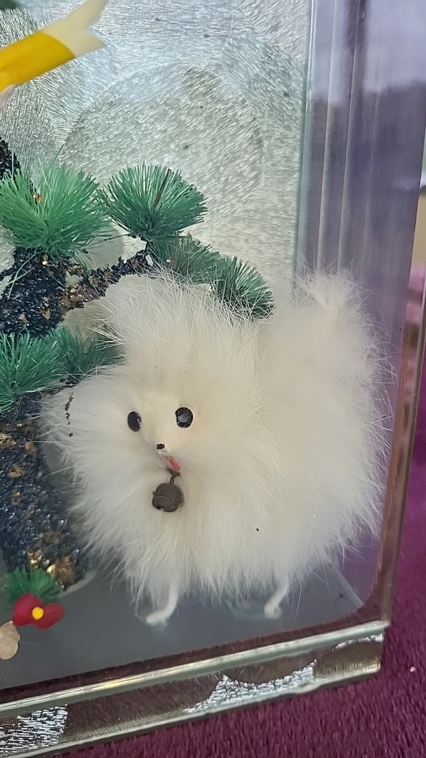 Glass Display Diorama With White Fuzzy Dog, Yellow Bird And Bonsai Tree - 4