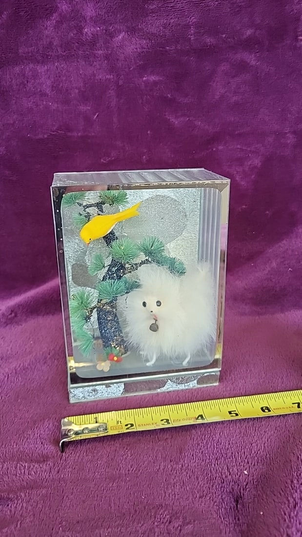 Glass Display Diorama With White Fuzzy Dog, Yellow Bird And Bonsai Tree - 7