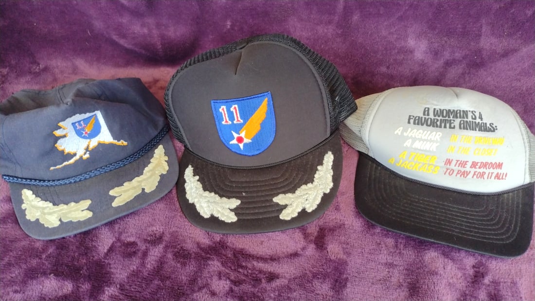 Lot Of 3 Trucker Hats 11th Bomb Wing Patch Gold Leaf Brims & Novelty Animal Cap: Security tag on one hat 25 x 5 x 10 0. 7 lb Low Estimate: 12.00 High Estimate: 40.00