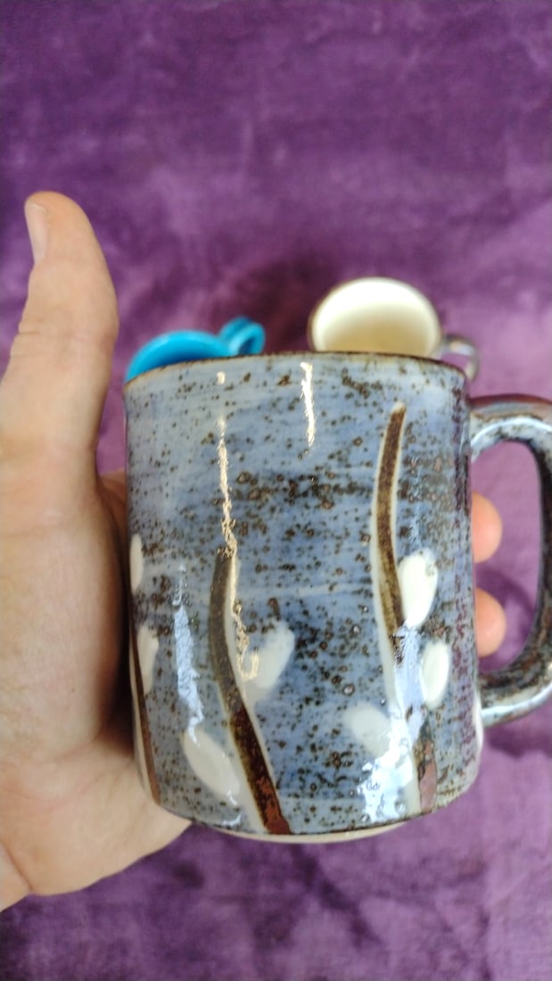 Lot Of 5 Ceramic Coffee Mugs And Cups Blue Speckled Floral Designs - 3