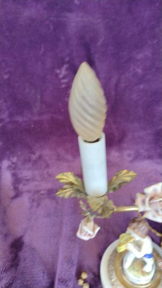 Porcelain Cherub Table Lamp With Floral Brass Vine, Marble Base And Fabric Shade - 4
