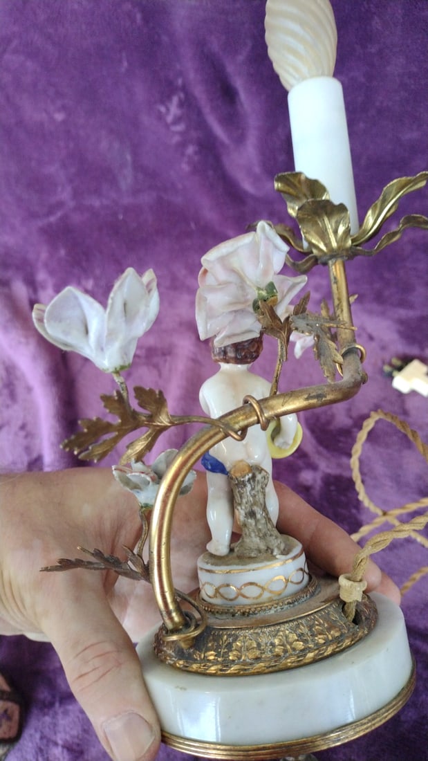Porcelain Cherub Table Lamp With Floral Brass Vine, Marble Base And Fabric Shade - 5
